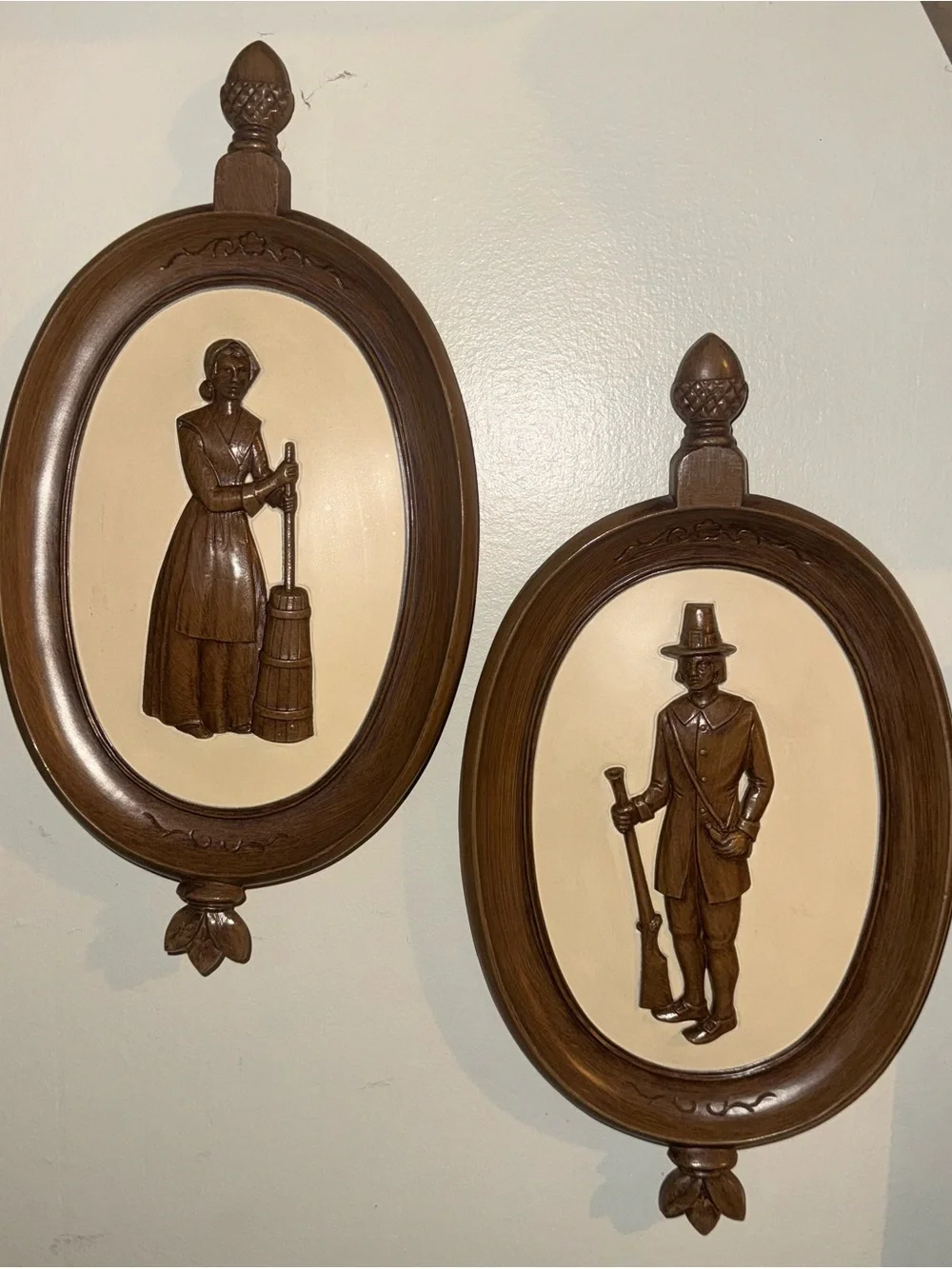 Brown & Cream Colonial Relief Wall Plaque Pair by